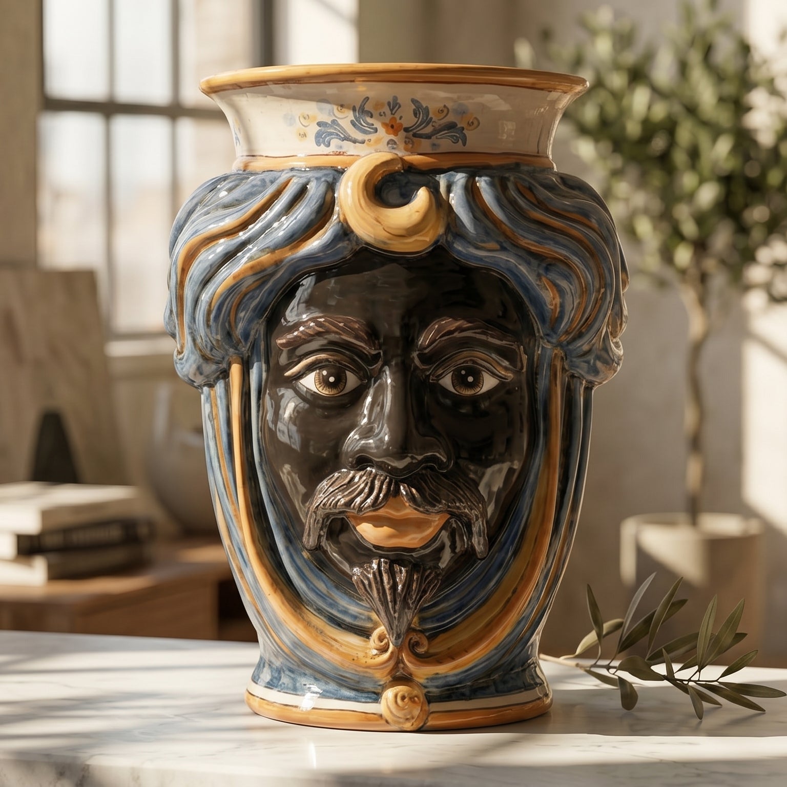 Moor's Head with Crown h 33 cm — Male Moor, Blue and Orange