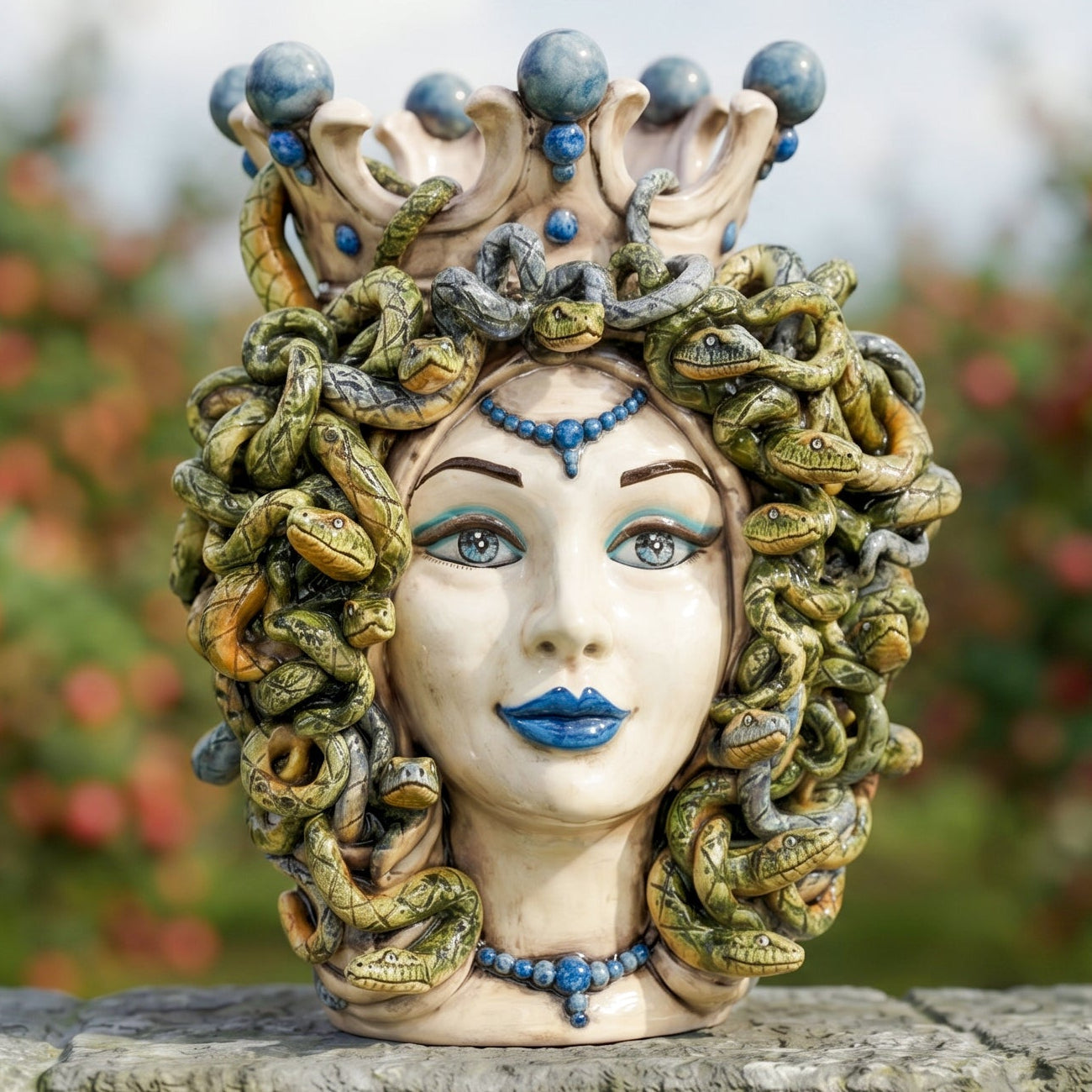 Medusa Head h 38 cm — Antique Mother-of-Pearl, Blue Beads | Caltagirone Ceramics