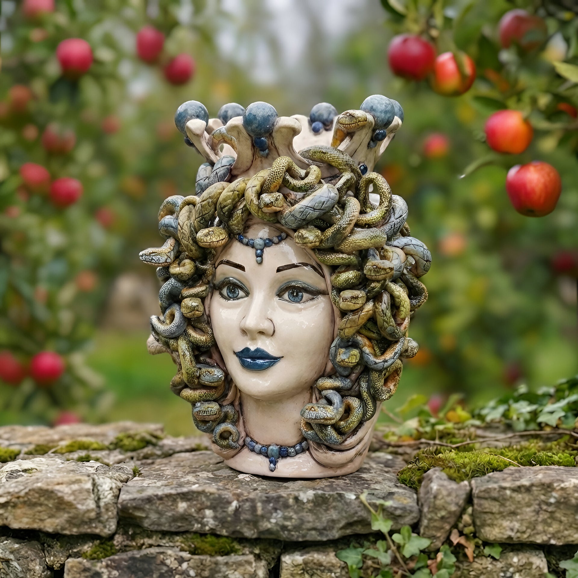 Medusa Head h 38 cm — Antique Mother-of-Pearl, Blue Beads | Caltagirone Ceramics