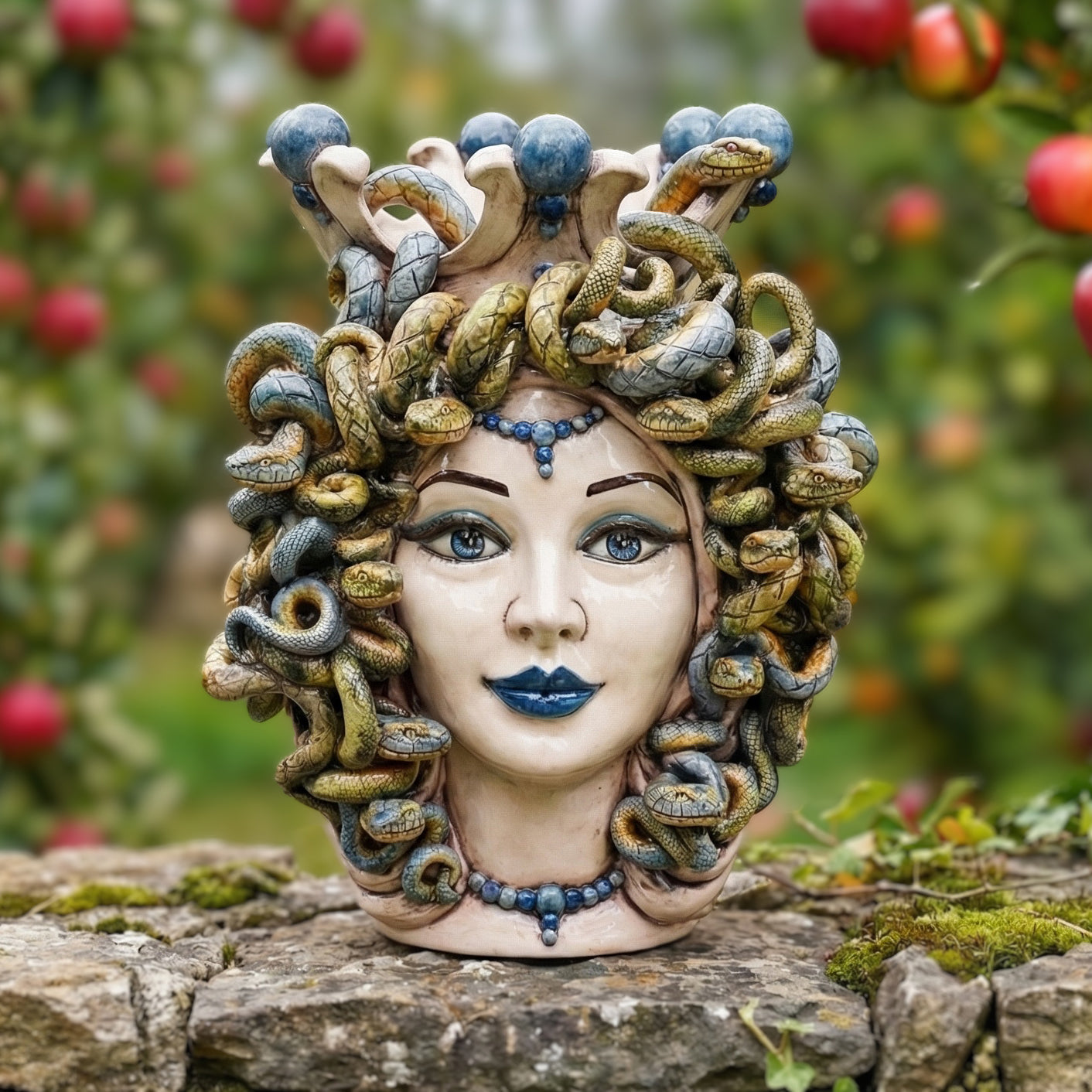 Medusa Head h 38 cm — Antique Mother-of-Pearl, Blue Beads | Caltagirone Ceramics