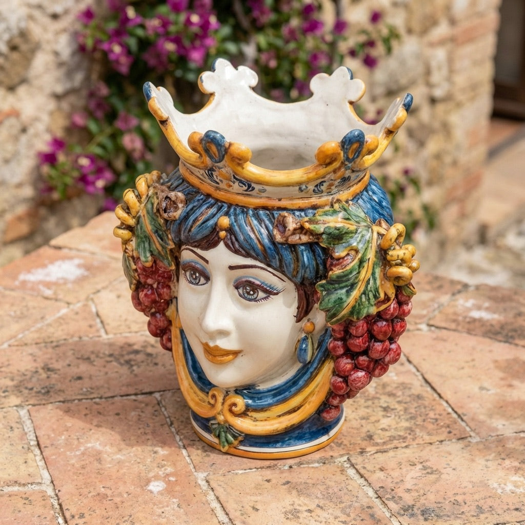 Maurische Kopf mit Trauben H 25 cm – Frau, Blau und Orange