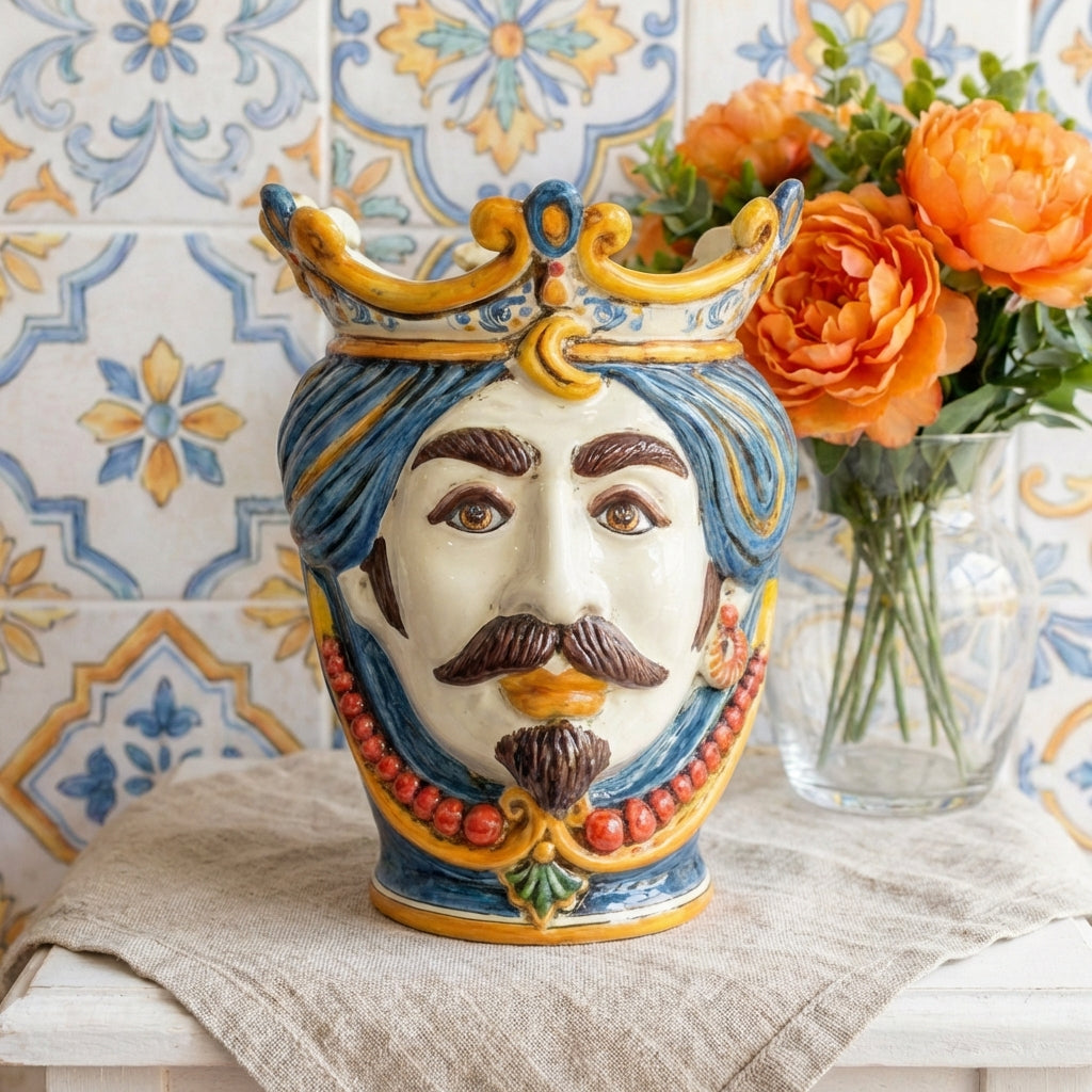 Testa di Moro con Perline h 25 cm — Maschio Bianco, Decoro Sicily