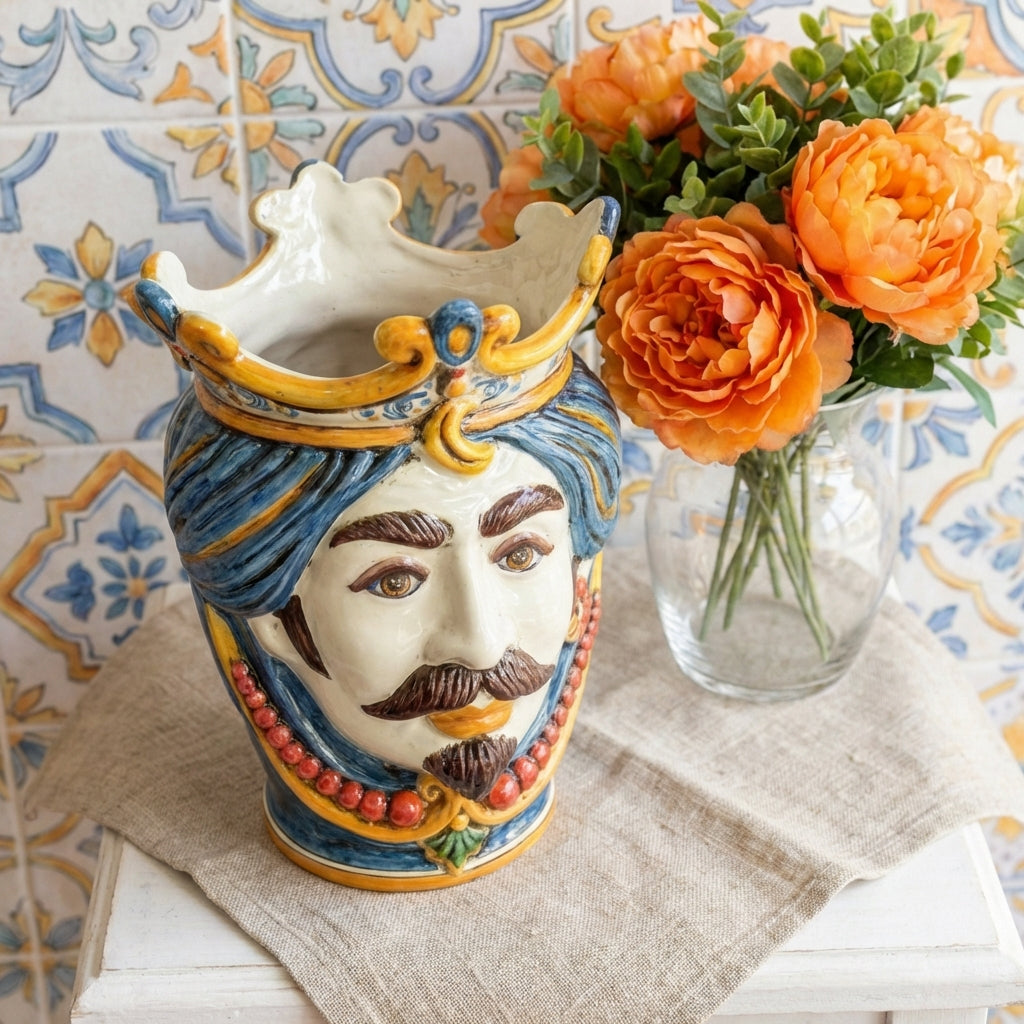 Testa di Moro con Perline h 25 cm — Maschio Bianco, Decoro Sicily