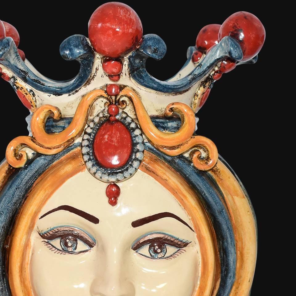 Hand-painted female Testa di Moro ceramic head with ornate crown, blue and orange details