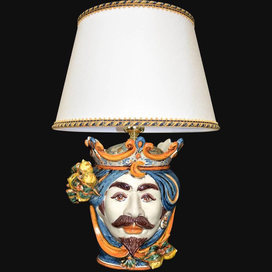 Ceramic Testa di Moro lamp with blue, orange accents and lemon detail, white shade