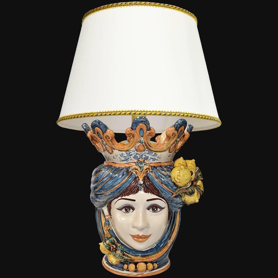 Handmade Sicilian ceramic lamp with female Testa di Moro head, blue crown, and lemon accents