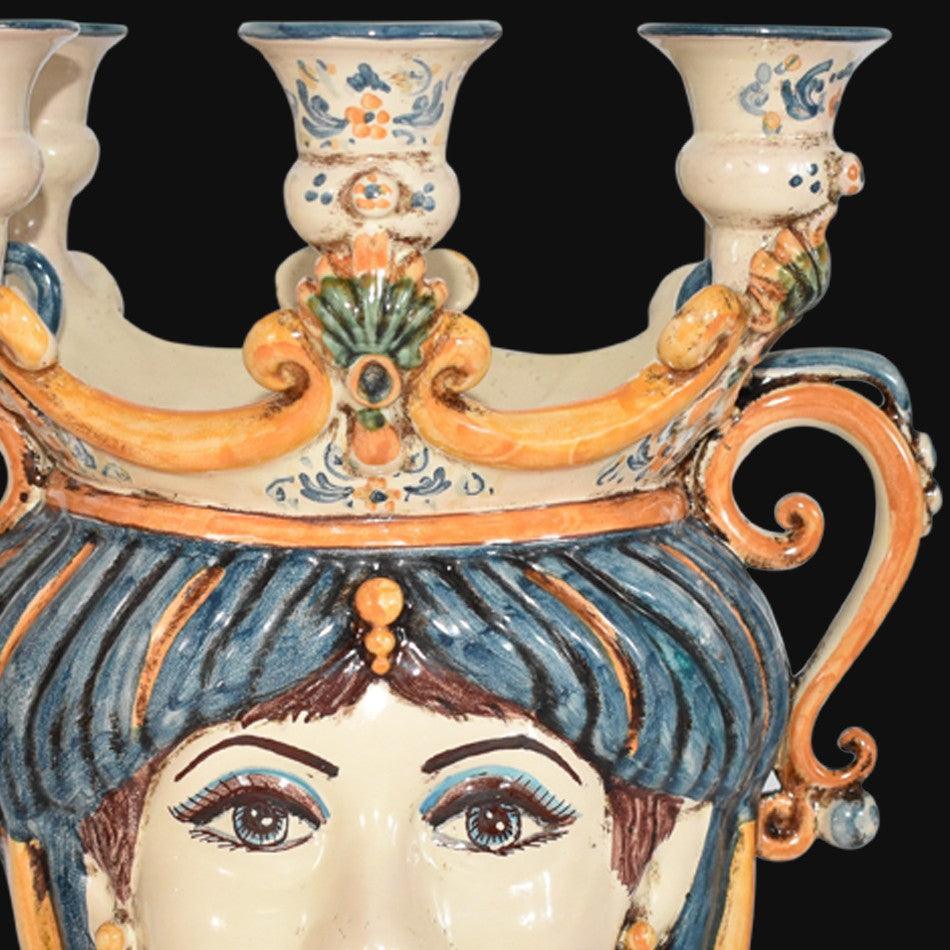 testa-h-25-a-candeliere-blu-e-arancio-donna-ceramiche-di-caltagirone-sofia-2 - Moorish Head