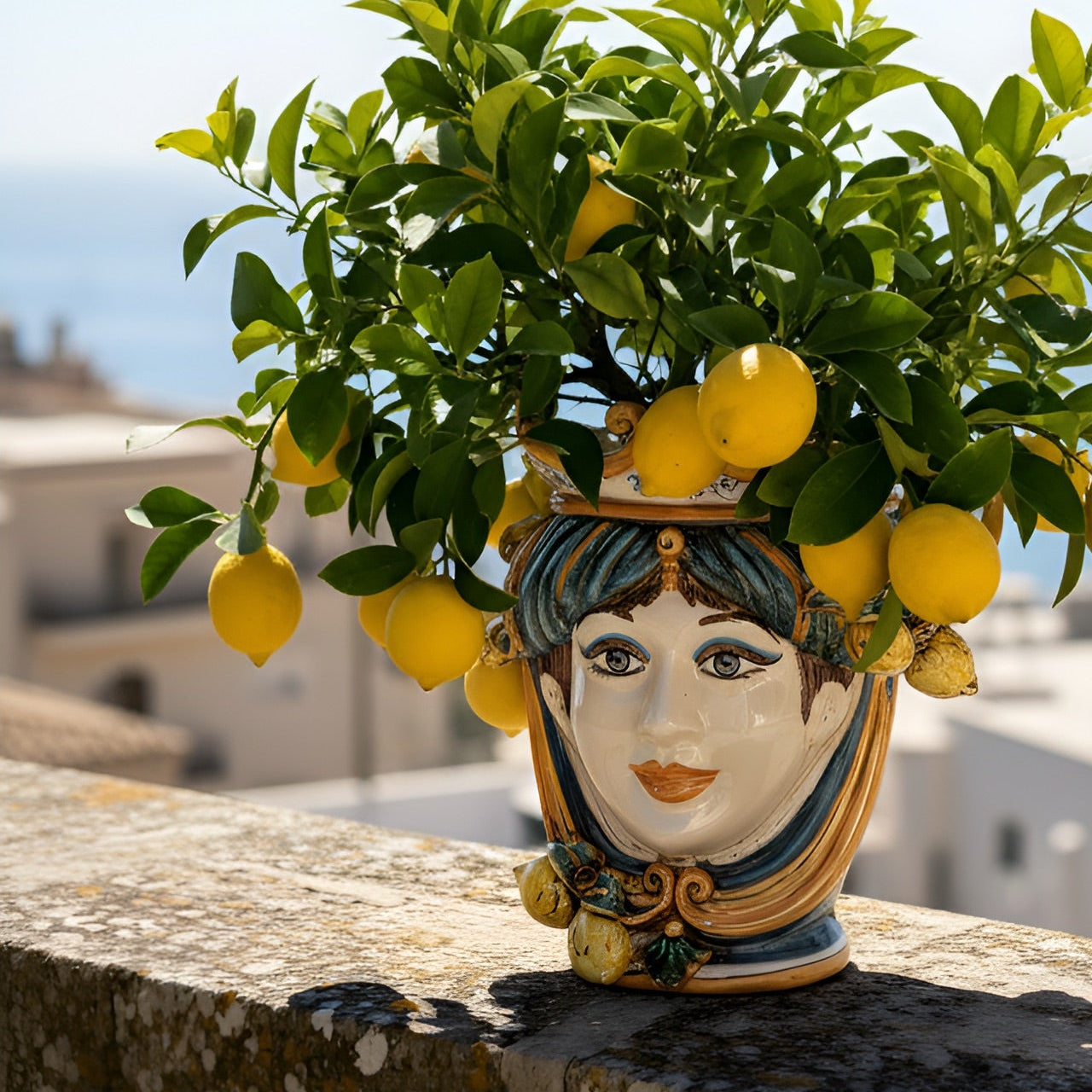 testa-h-25-cm-limoni-blu-e-arancio-femmina-ceramiche-di-caltagirone-sofia-3 - Moorish Head