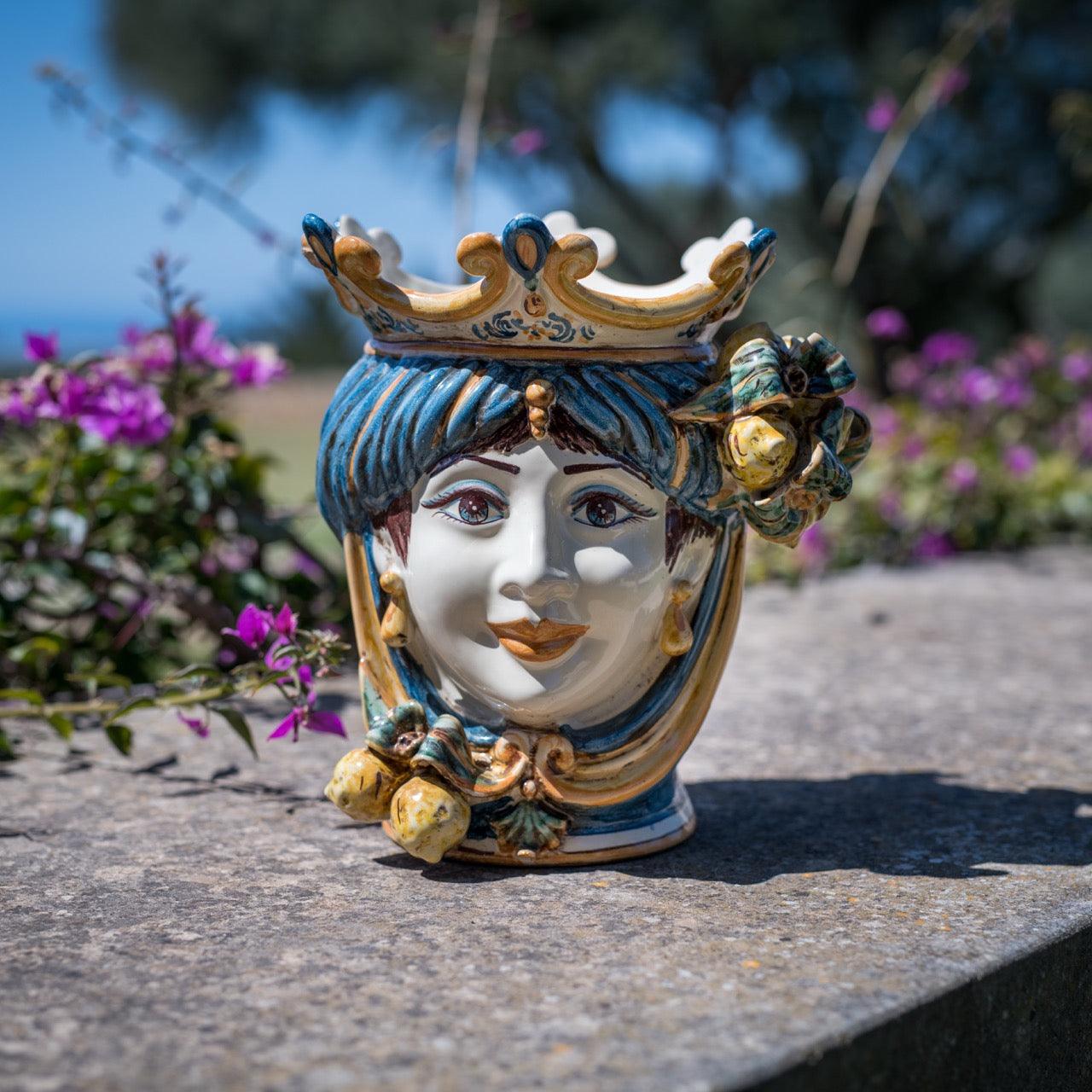 testa-h-25-cm-limoni-blu-e-arancio-femmina-ceramiche-di-caltagirone-sofia-7 - Moorish Head