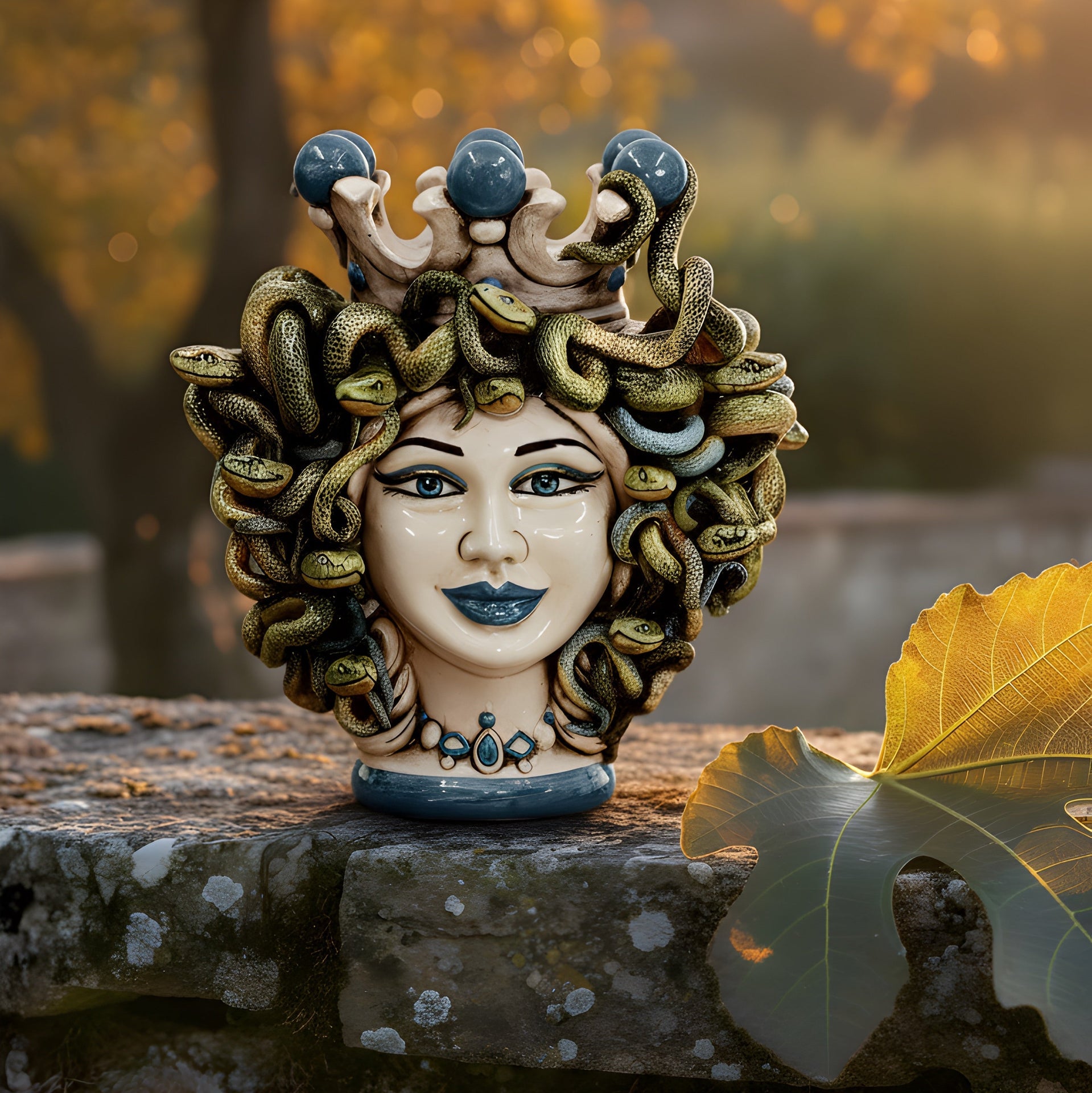 Handmade Medusa ceramic head vase with snakes, blue crown, and jewelry outdoors
