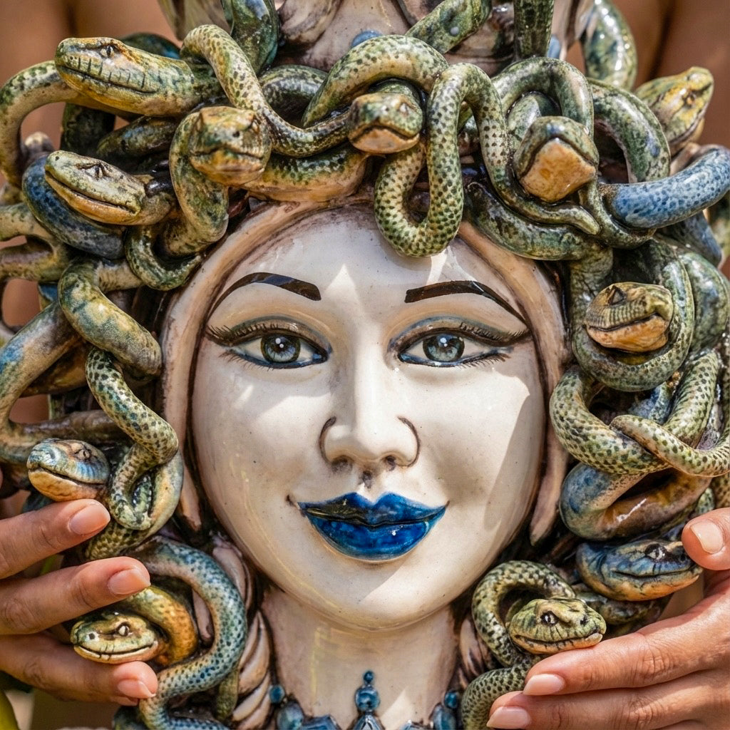 Handmade Medusa ceramic head vase with blue lips, colorful snake hair, Caltagirone style