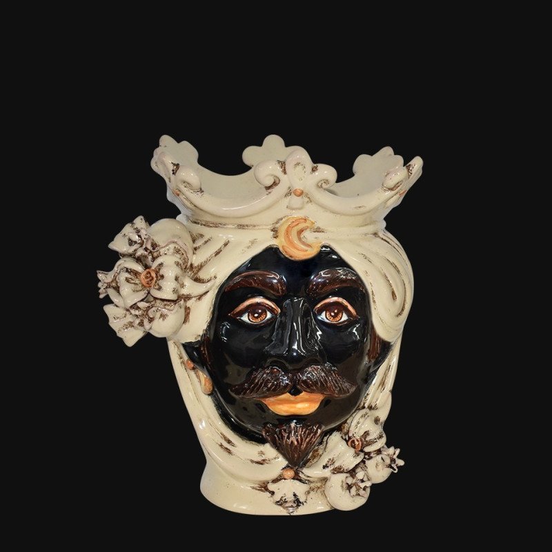 Sicilian Moorish Head Planter with pomegranates h 25 ivory line male  - 1