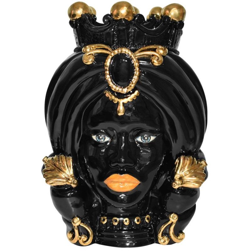 Ceramic "Moor's head" h 40 turban black and gold female  - 1