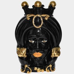 Sicilian "Moor's head" vase h 40 turban black and gold male  - 1