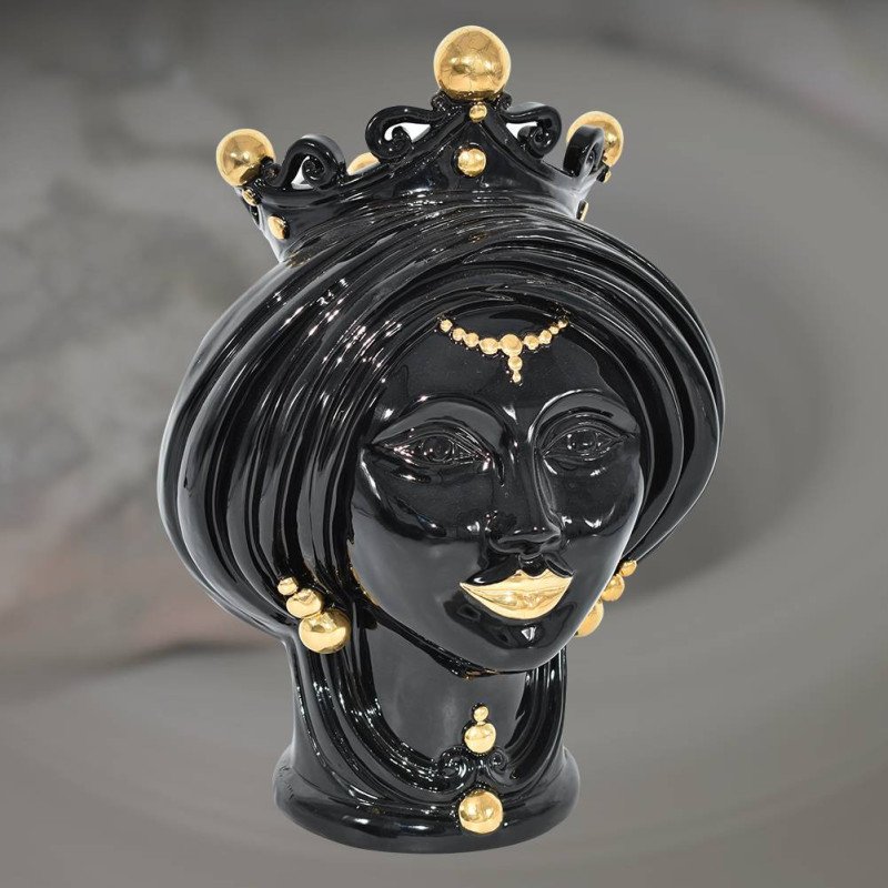 Sicilian ceramic "Moor's head" vase h 30 Black and Gold woman  - 1