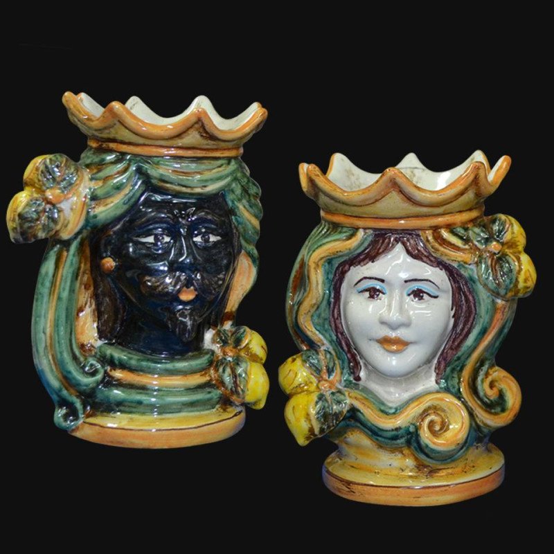 Pair of moor's heads h 15 cm in caltagirone ceramic  - 1