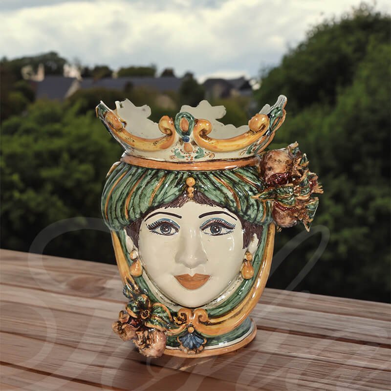 Ceramic Head with pomegranate h 25 green/orange female  - 1