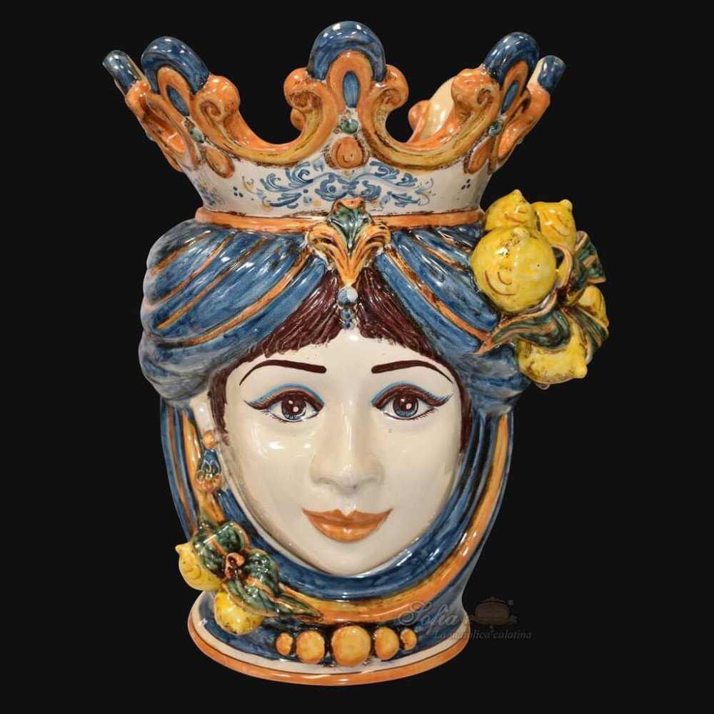 Ceramic Head with lemons h 40 blu/orange female - Moorish Head | Si...