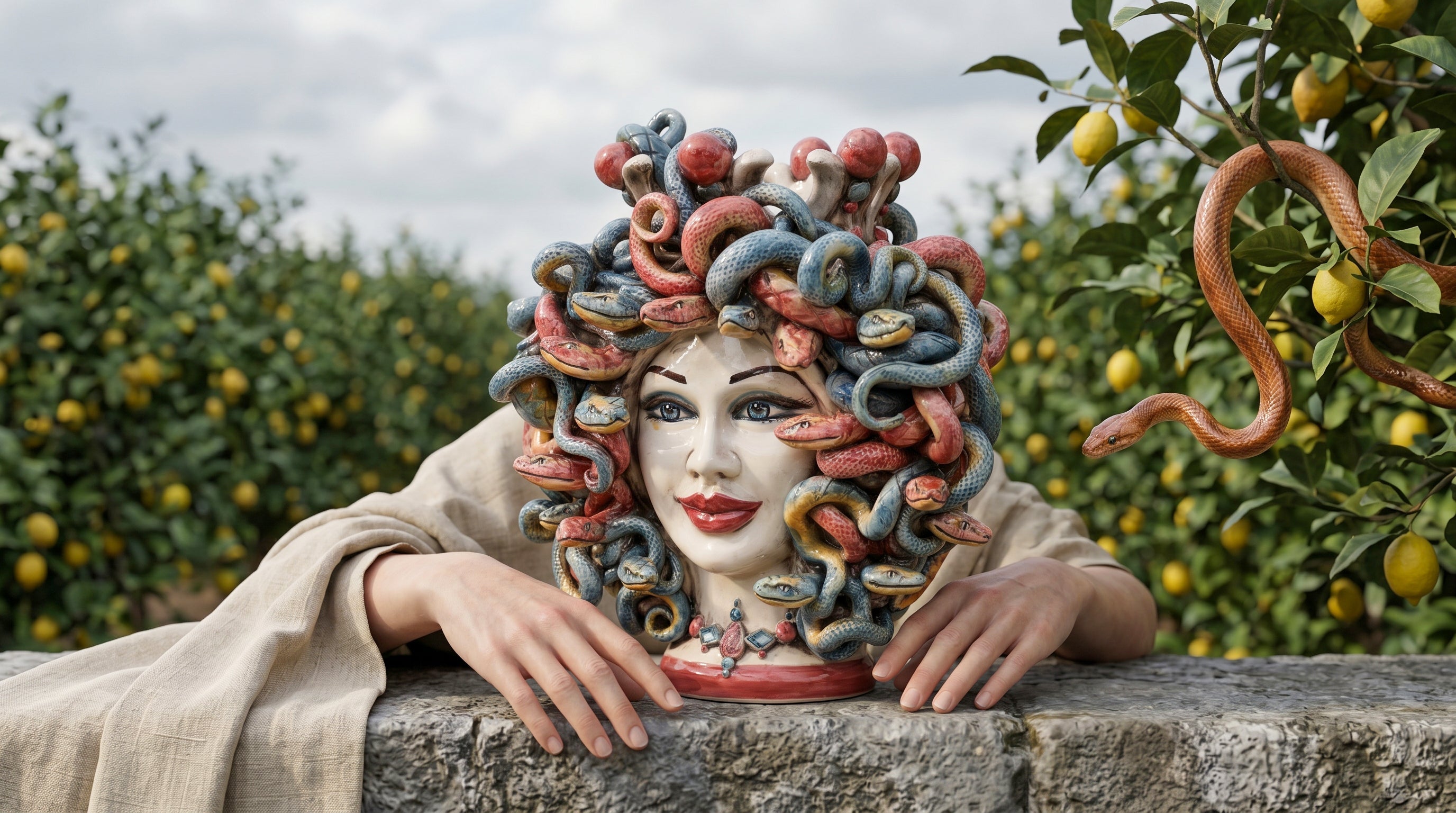 Testa di Medusa in ceramica con i serpenti azzurri e rossi, appoggiata su un muretto di pietra davanti a un limoneto