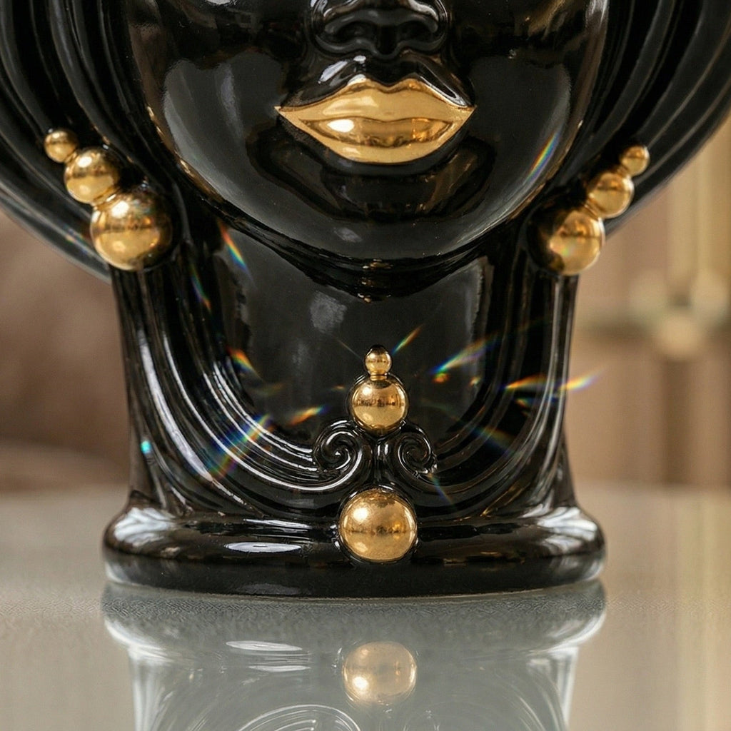 Black Testa di Moro with gold lips and beads, glossy ceramic decorative face sculpture
