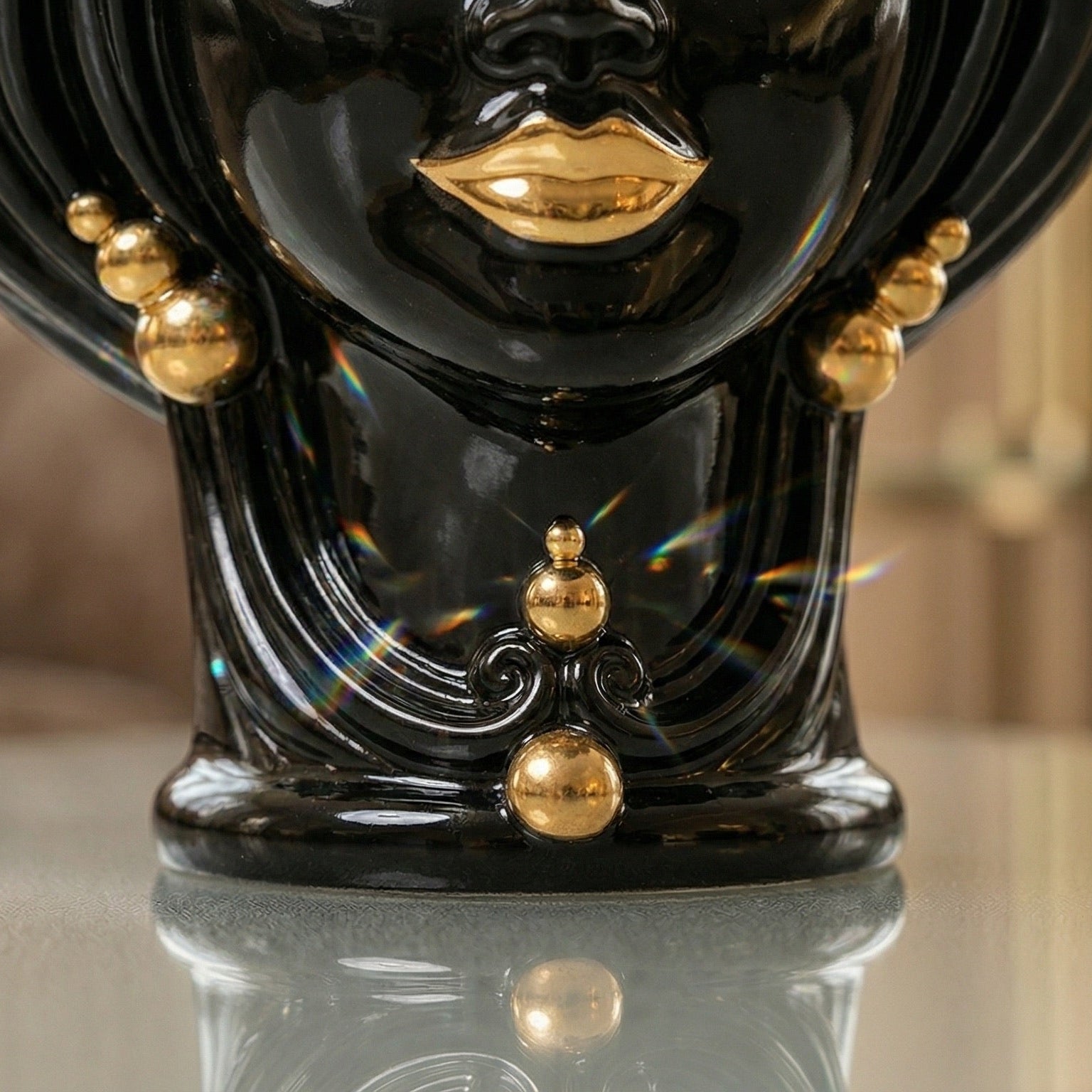 Black Testa di Moro with gold lips and beads, glossy ceramic decorative face sculpture