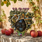 Handcrafted Teste di Moro ceramic with snake hair, purple grapes, and leaf base, styled with apples outdoors