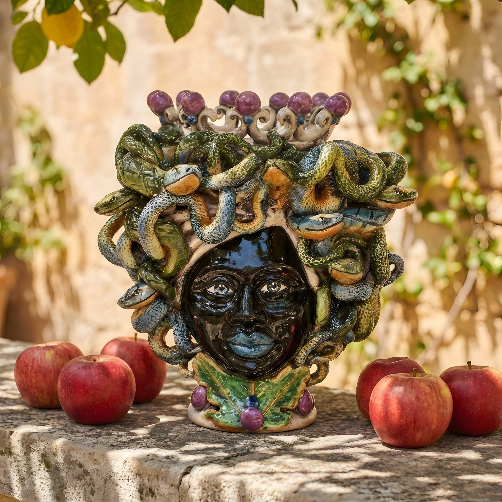 Handcrafted Teste di Moro ceramic with snake hair, purple grapes, and leaf base, styled with apples outdoors