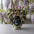 Handmade Teste di Moro ceramic vase with snake hair, purple accents, and leaf base, perfect for modern or traditional decor.