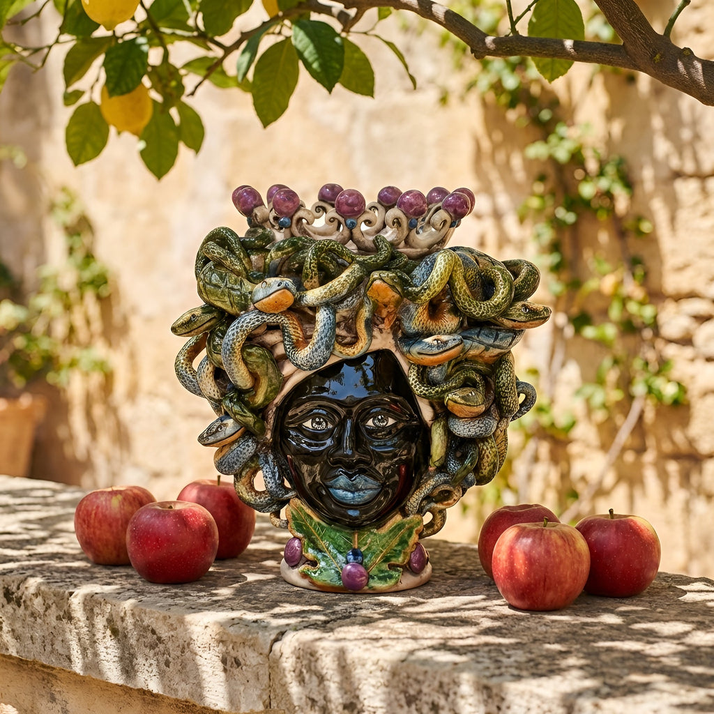 Handmade Teste di Moro ceramic with snake hair, purple grapes, and apples on stone ledge under lemon tree