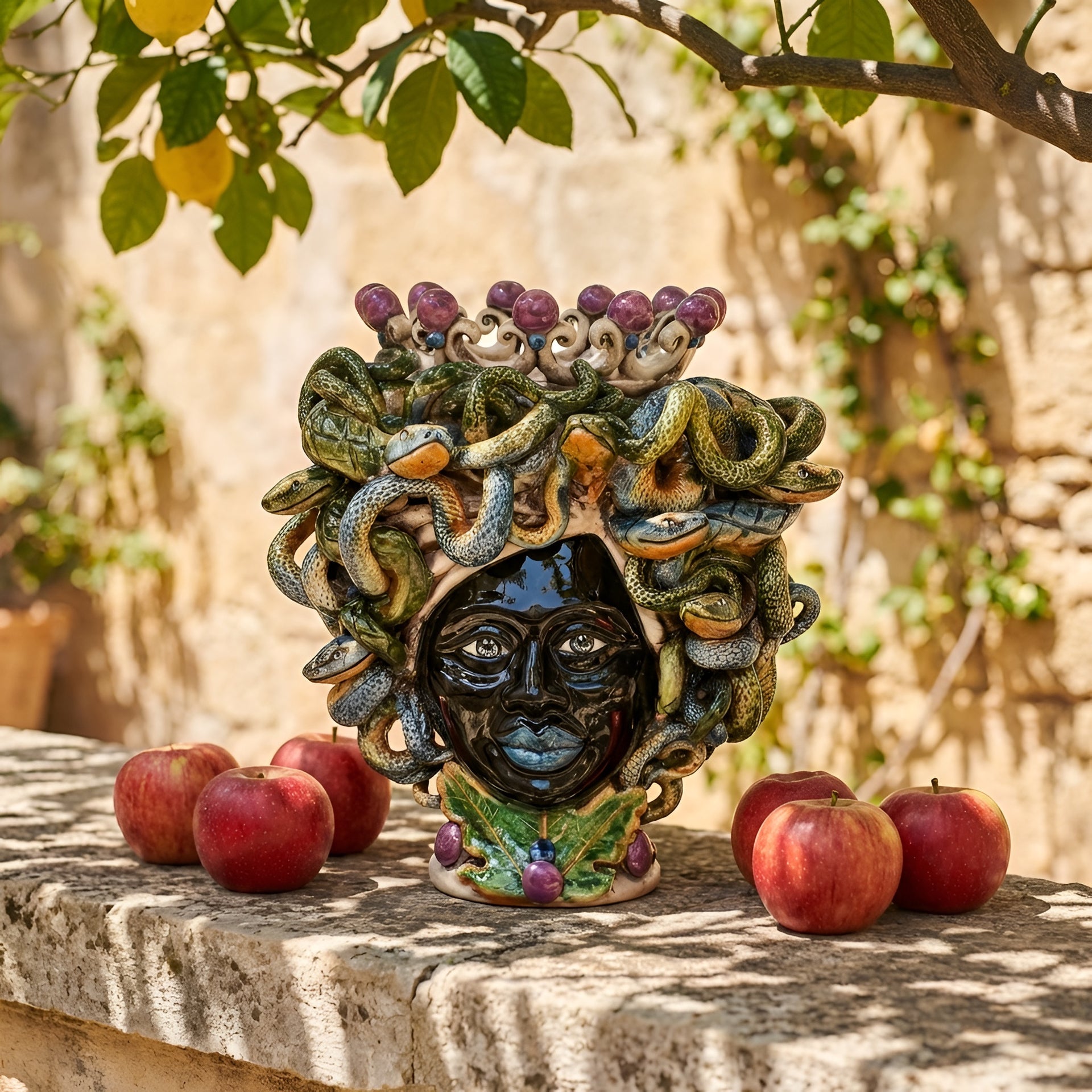 Handmade Teste di Moro ceramic with snake hair, purple grapes, and apples on stone ledge under lemon tree