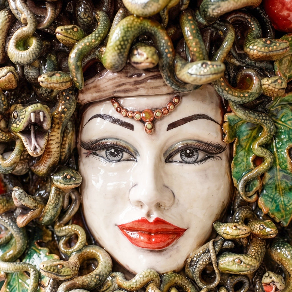 Testa Medusa h 50 cm - con Mele, Madreperla Antichizzato | Ceramica Caltagirone