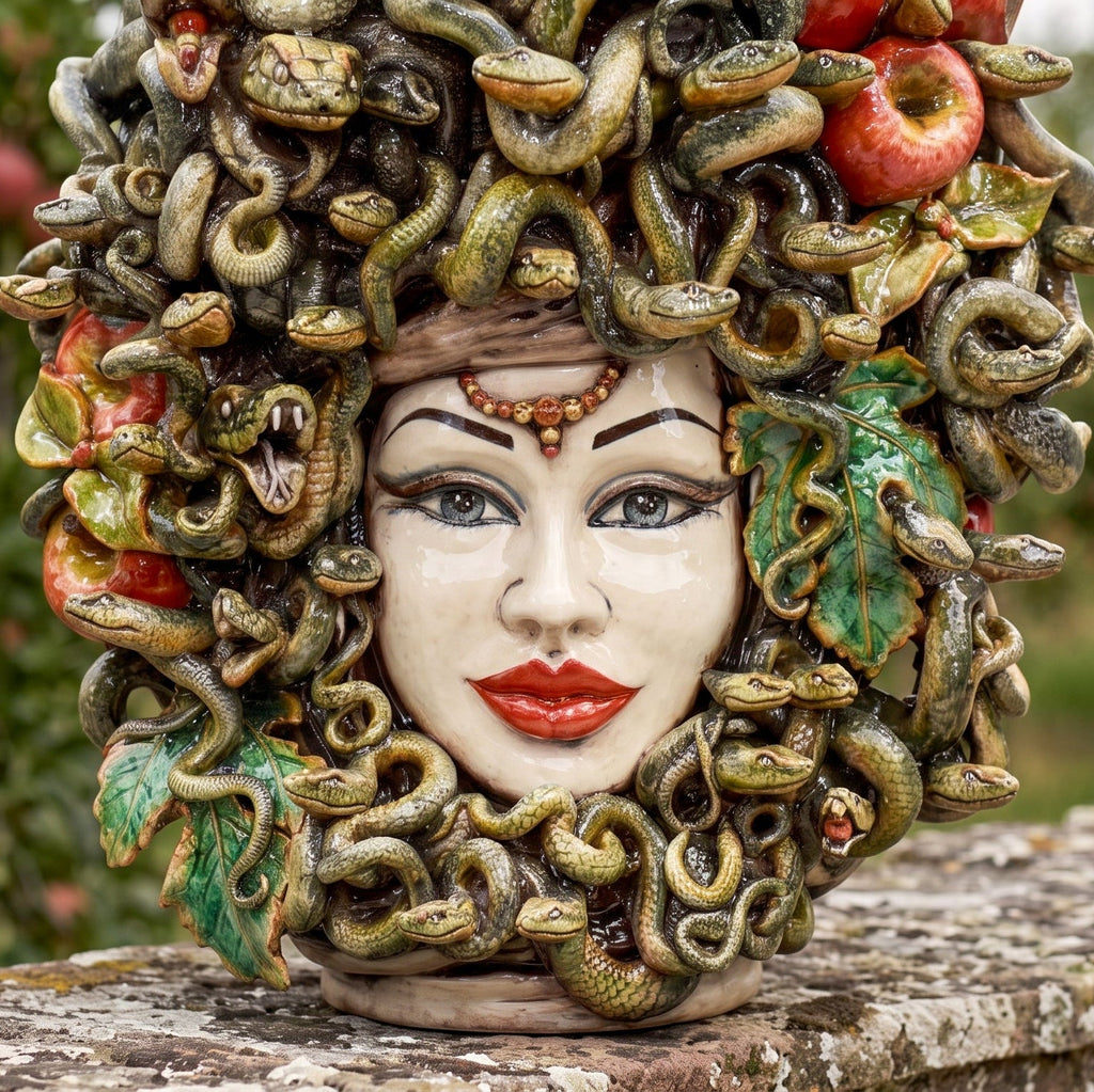 Testa Medusa h 50 cm - con Mele, Madreperla Antichizzato | Ceramica Caltagirone