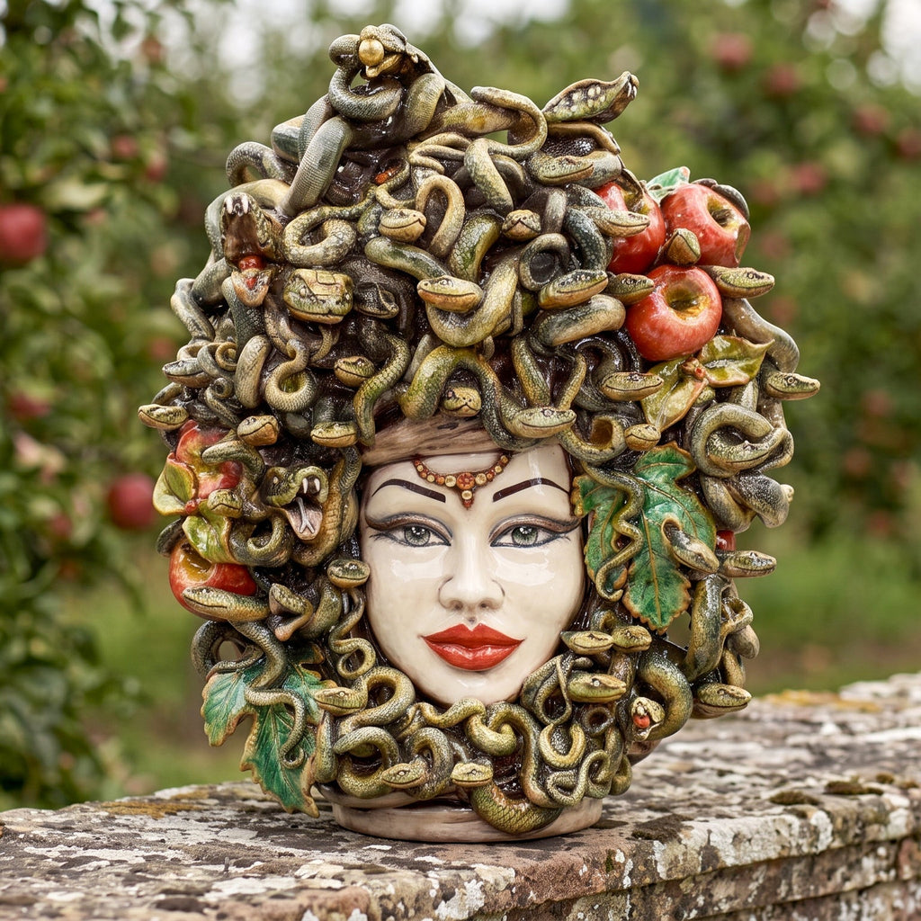 Testa Medusa h 50 cm - con Mele, Madreperla Antichizzato | Ceramica Caltagirone