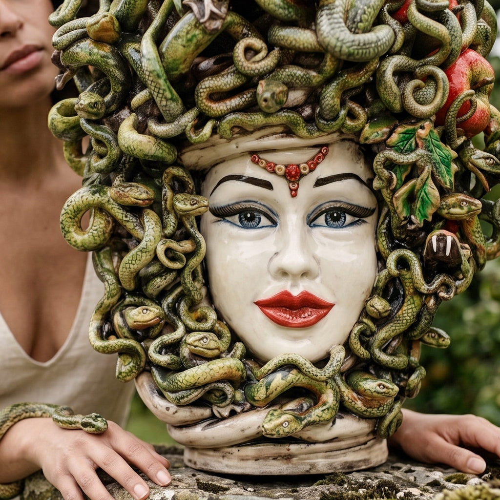 Testa Medusa h 50 cm - con Mele, Madreperla Antichizzato | Ceramica Caltagirone