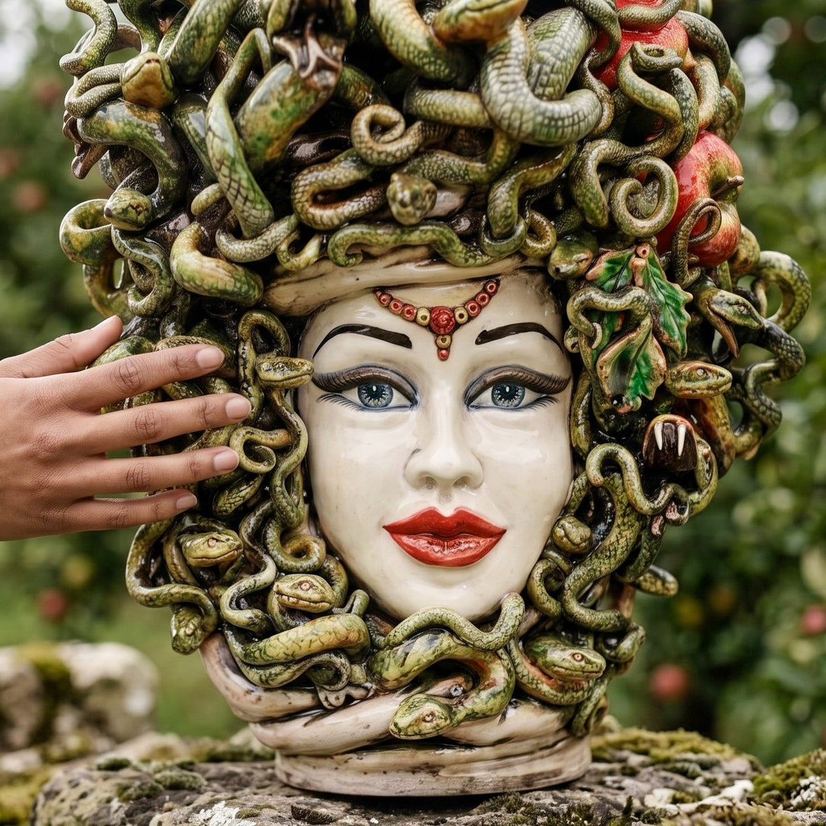 Testa Medusa h 50 cm - con Mele, Madreperla Antichizzato | Ceramica Caltagirone