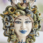 Handcrafted Medusa Teste di Moro ceramic sculpture with vibrant snakes and blue accents