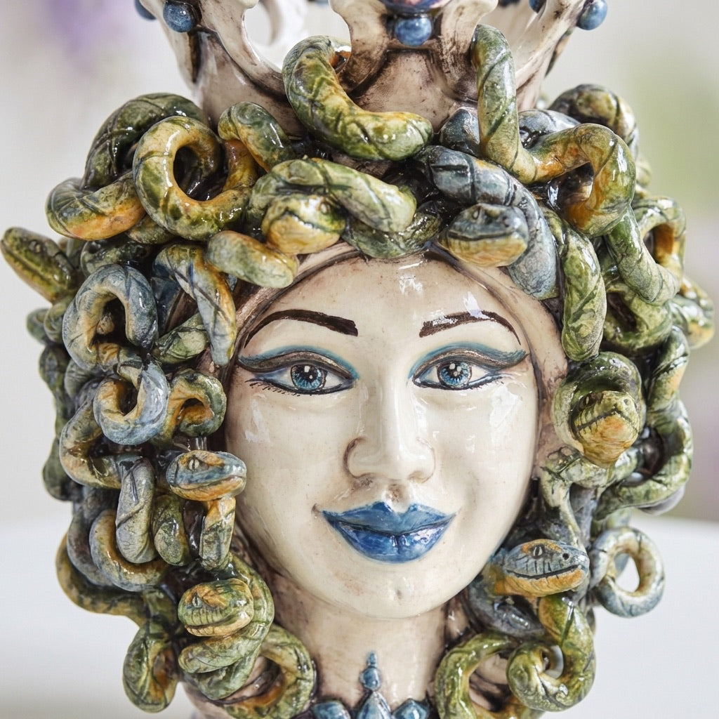 Handcrafted Medusa Teste di Moro ceramic sculpture with vibrant snakes and blue accents