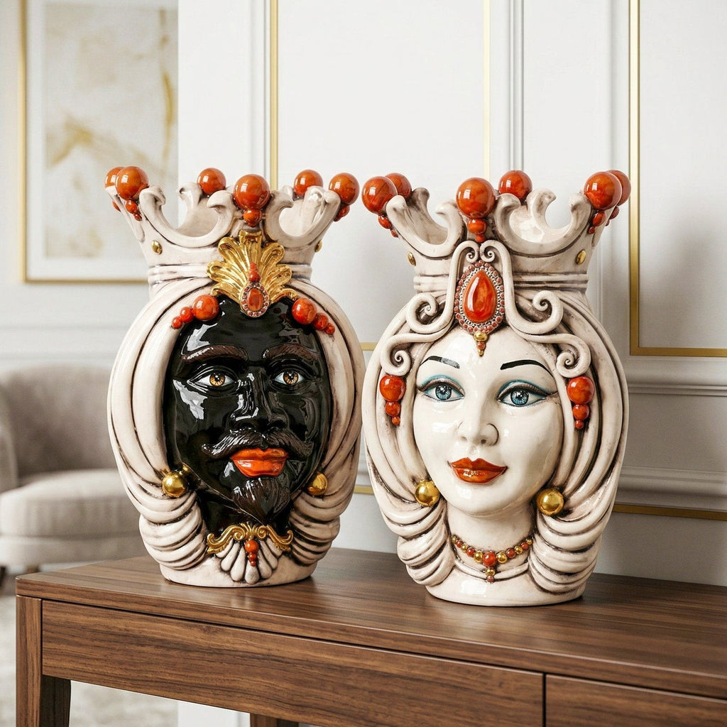 Testa di Moro h 38 cm - Donna, Madreperla Antichizzato Oro e Lustri | Ceramica Caltagirone
