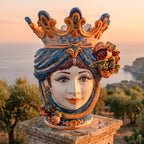 Testa di Moro con Melograni, Donna, Blu e Arancio. Ceramiche Sofia, Caltagirone