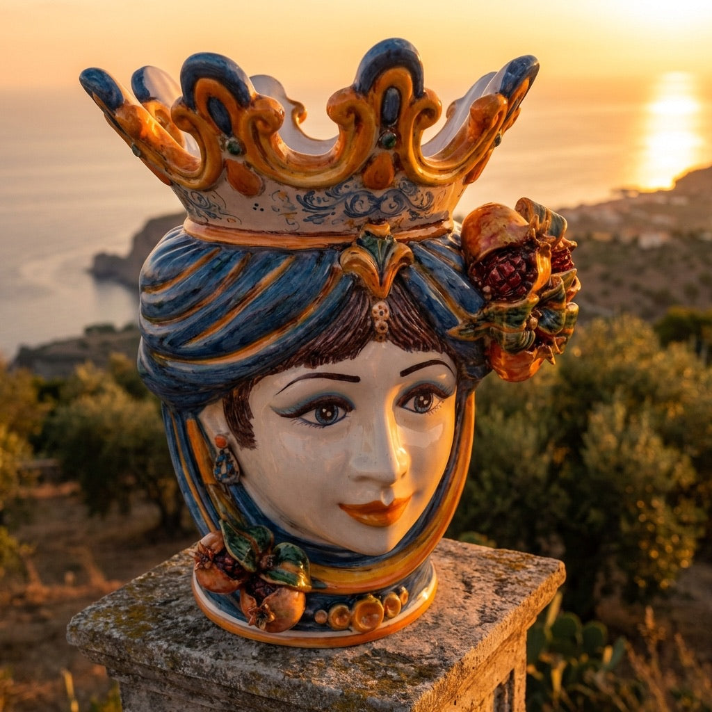Testa di Moro con Melograni, Donna, Blu e Arancio. Ceramiche Sofia, Caltagirone