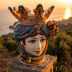 Testa di Moro con Melograni, Donna, Blu e Arancio. Ceramiche Sofia, Caltagirone