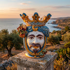 Testa di Moro con Melograni, Maschio Bianco, Blu e Arancio. Ceramiche Sofia, Caltagirone
