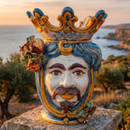 Testa di Moro con Melograni, Maschio Bianco, Blu e Arancio. Ceramiche Sofia, Caltagirone