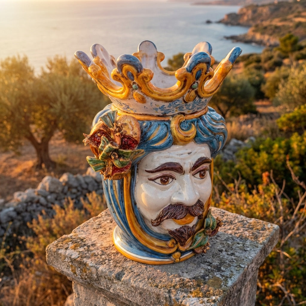 Testa di Moro con Melograni, Maschio Bianco, Blu e Arancio. Ceramiche Sofia, Caltagirone