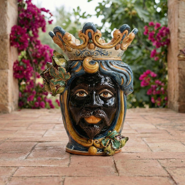 Testa di Moro mit Feigen H 40 cm – Maurischer Mann, Blau und Orange