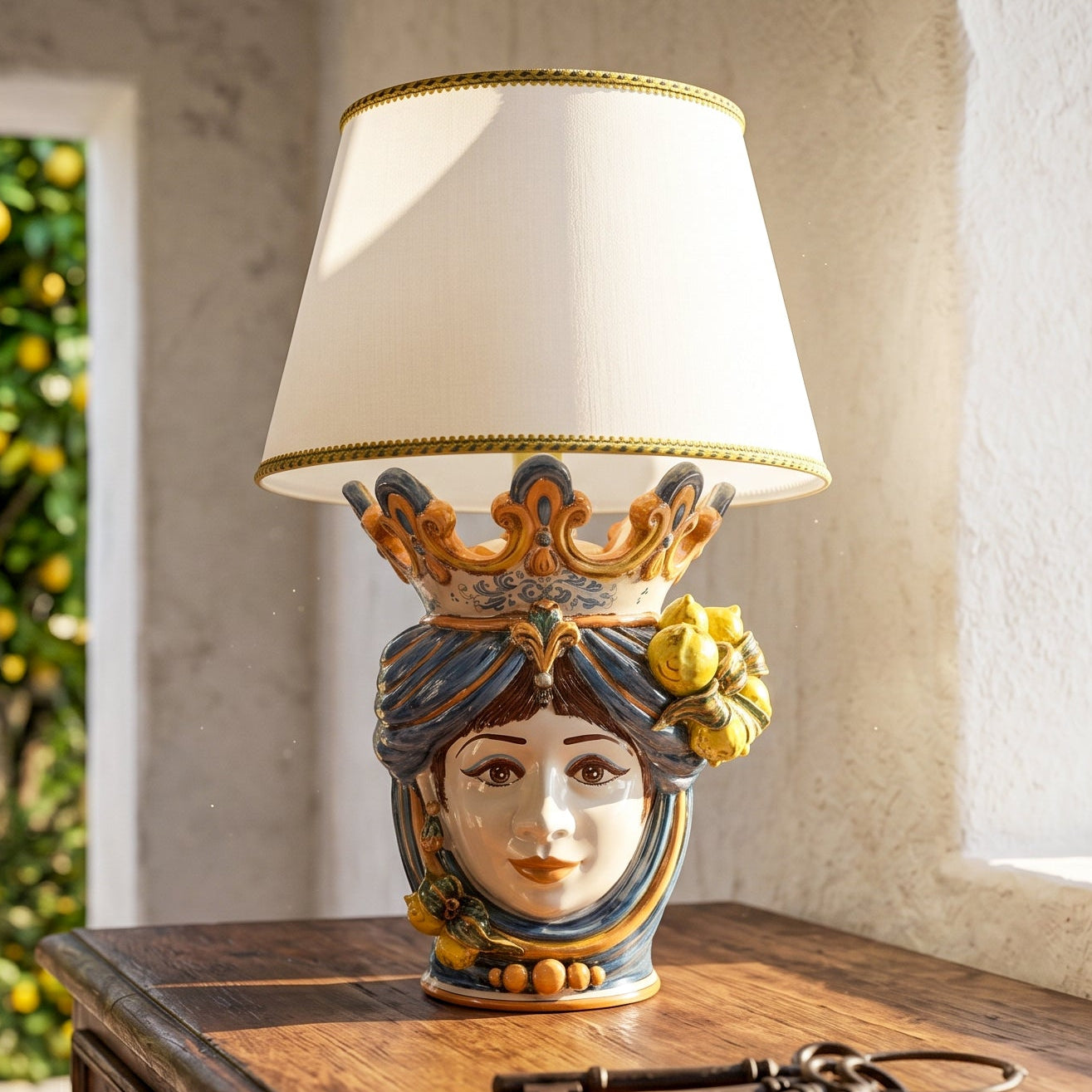 Handmade Sicilian Testa di Moro table lamp with crown, lemon accents, and white shade on wood surface