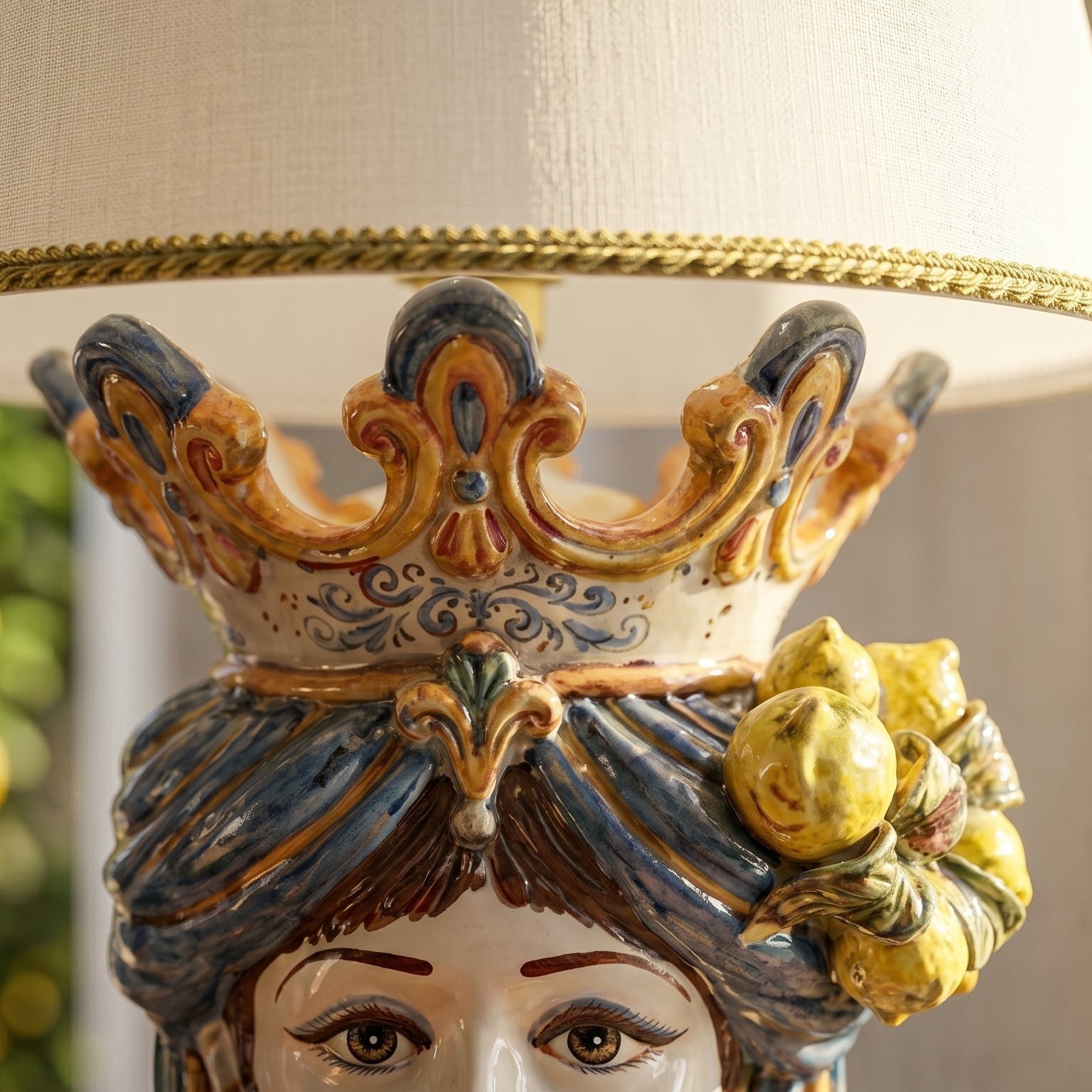 Handcrafted Teste di Moro lamp with crown and lemons, blending Sicilian tradition and modern design