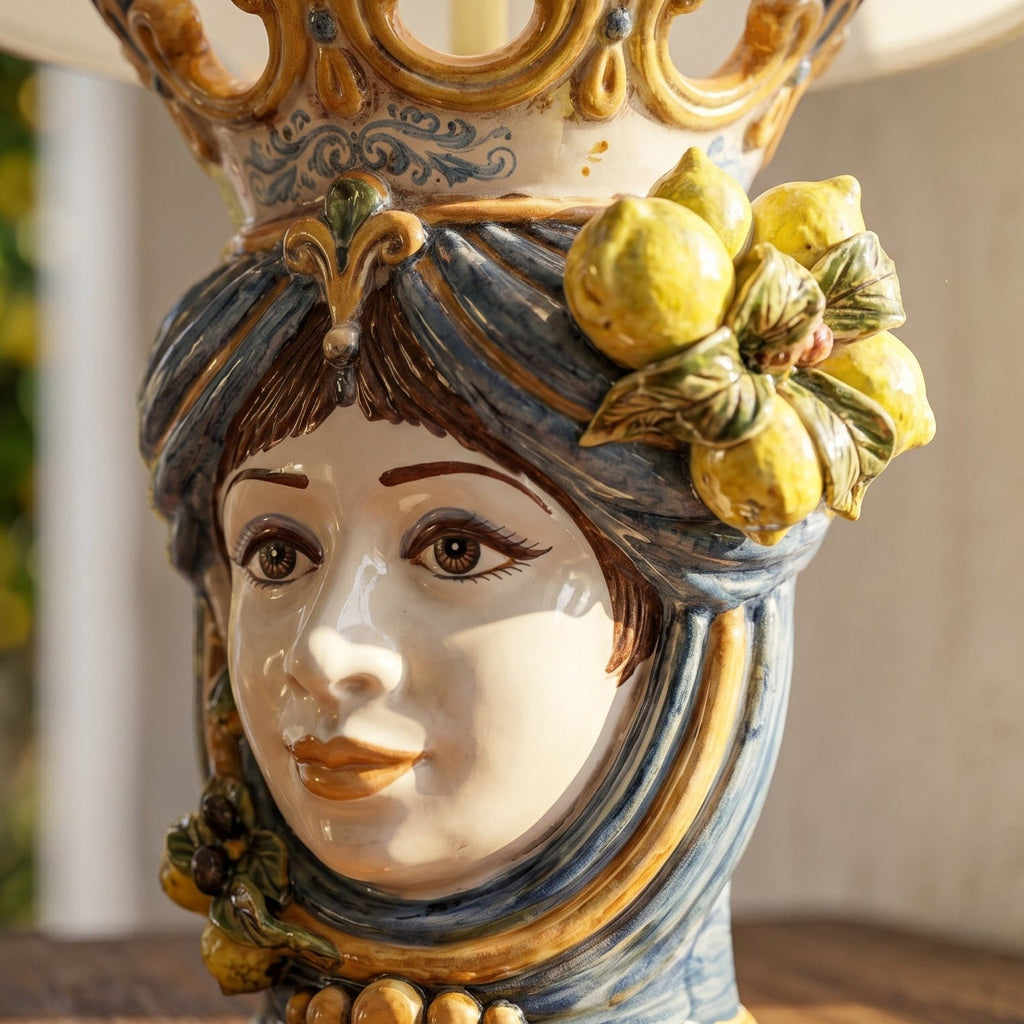 Handcrafted Teste di Moro lamp with ceramic face, lemon accents, and ornate crown, blending tradition and modern design.