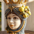Handcrafted Teste di Moro lamp with ceramic face, lemon accents, and ornate crown, blending tradition and modern design.