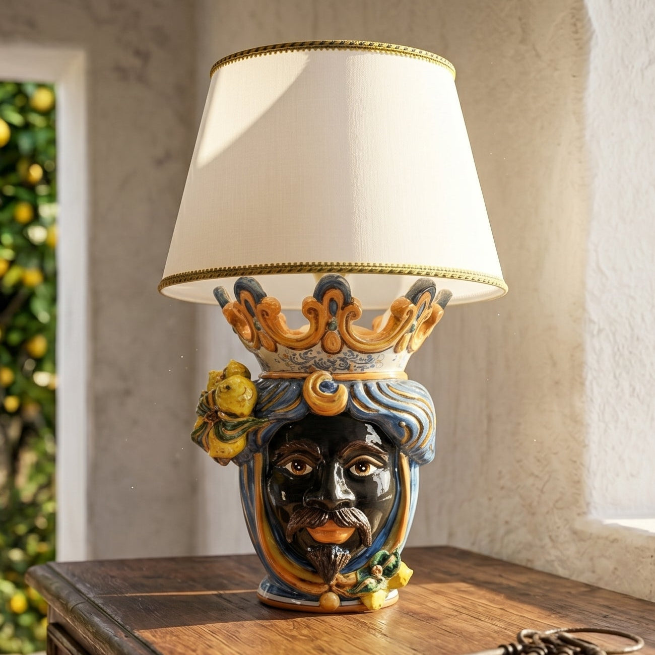 Handmade Teste di Moro table lamp with ceramic face, crown, and lemons, blending tradition and modern design